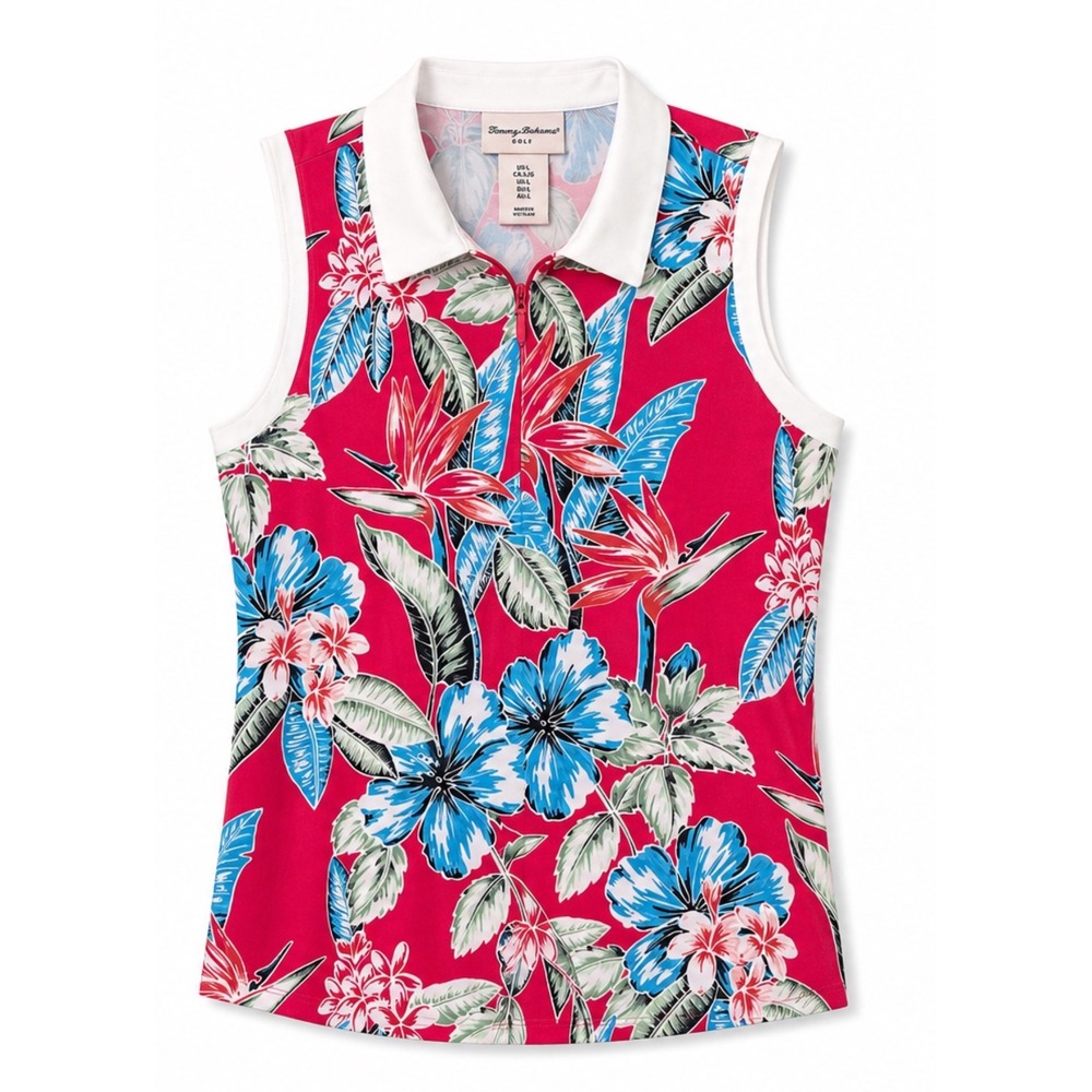 Tommy Bahama Golf Sleeveless Polo Tropical Floral Bird of Paradise Pink Large